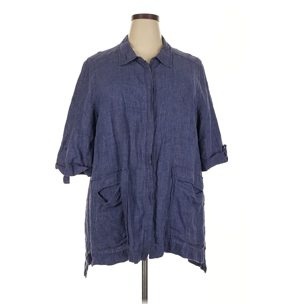 100% Linen MAGGIE T Blue Lagenlook button shirt 3/4 sleeve, Plus 20